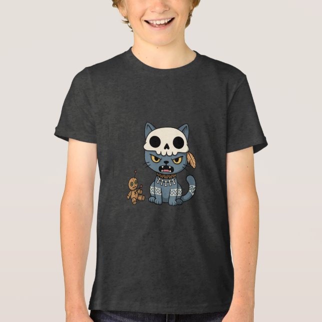Hexenkatze Voodoo-Puppe Tri-Blend Shirt (Vorderseite)