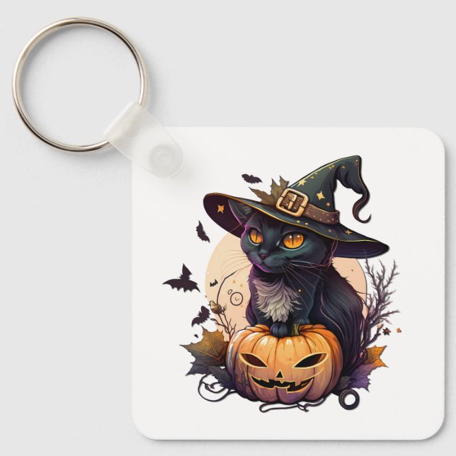 Hexenkatze zu Halloween Schlüsselanhänger (Vorderseite)