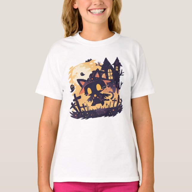 Hexenkatze zu Halloween T-Shirt (Vorderseite)