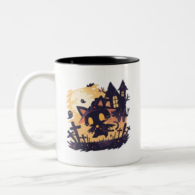 Hexenkatze zu Halloween Zweifarbige Tasse (Links)
