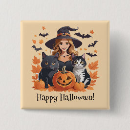 Hexenkatzen, Fledermäuse und Kürbiskins Halloween Button