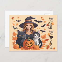 Hexenkatzen, Fledermäuse und Kürbiskins Halloween Postkarte