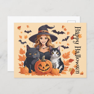 Hexenkatzen, Fledermäuse und Kürbiskins Halloween Postkarte