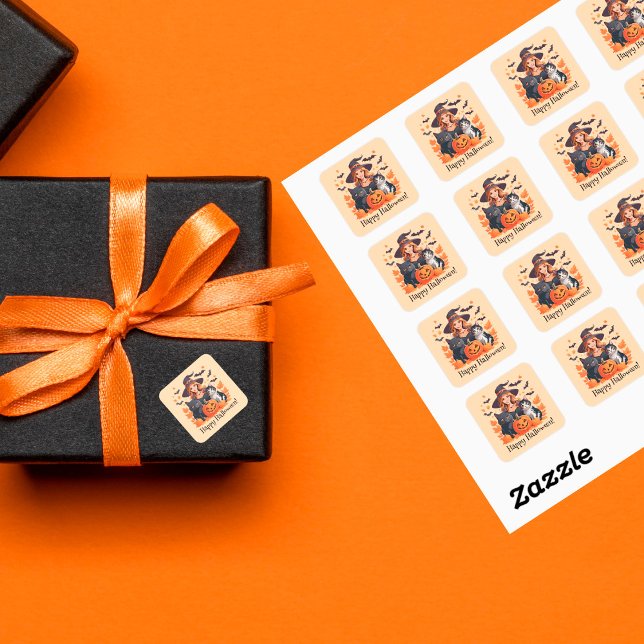 Hexenkatzen, Fledermäuse und Kürbiskins Halloween Quadratischer Aufkleber (Von Creator hochgeladen)