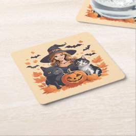 Hexenkatzen, Fledermäuse und Kürbiskins Halloween Rechteckiger Pappuntersetzer