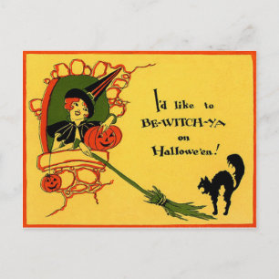 Hexenkatzenkürbis Vintages Halloween Postkarte