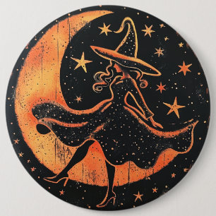 Hexenknopf in orangefarbenem und schwarzem Mond un Button