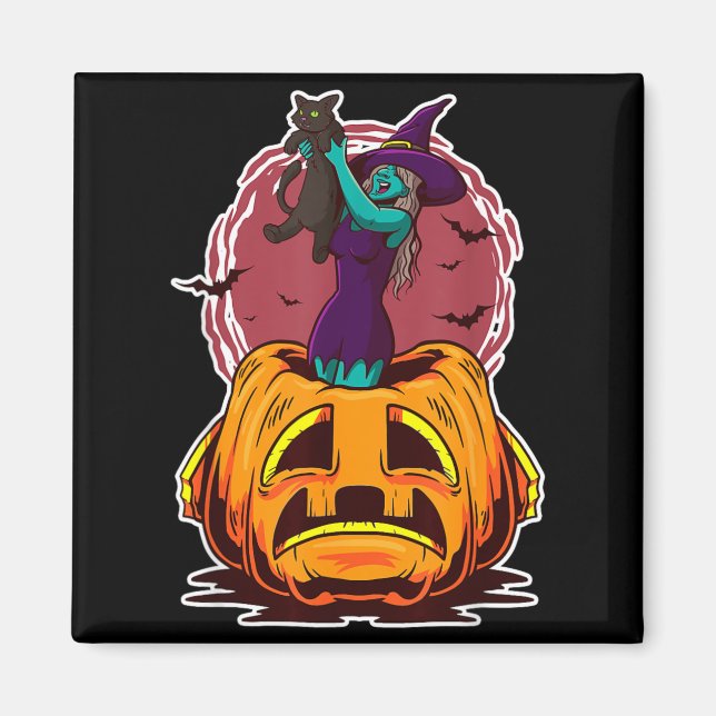 Hexenkürbis schwarze Katze und spooky Zauberer Magnet (Vorne)