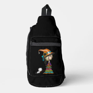 Hexenmädchen und weißes Katzen-Print-Cut-Sew-Tasch Crossbody Bag