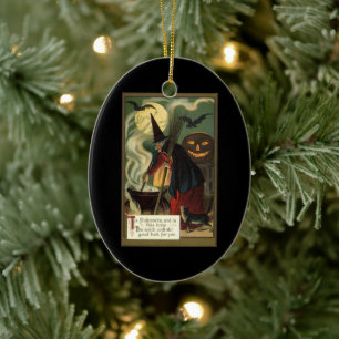 Hexenmeisterin rührt magischen Kessel zum Hallowee Keramikornament