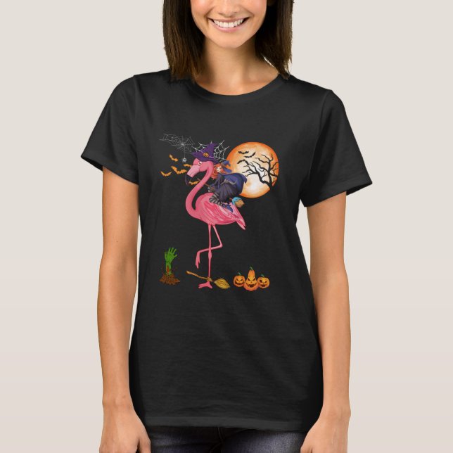 Hexenriding Flamingo Funny Halloween Horror Carve T-Shirt (Vorderseite)