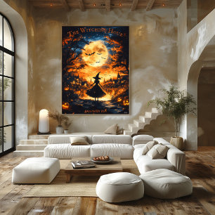 Hexensilhouette Halloween - Vollmond und Dorf Poster