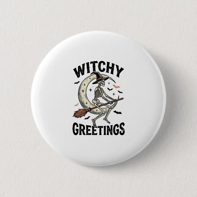 Hexenskelett-Grafik Hexen-Grüße Vintage-Ha Button (Vorderseite)