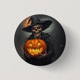 Hexenskelett mit leuchtendem Kürbis Halloween 🎃 Button