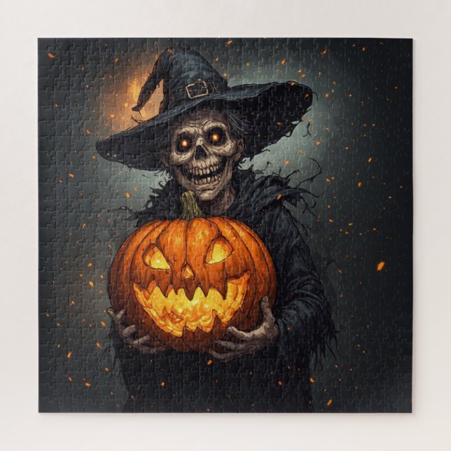 Hexenskelett mit leuchtendem Kürbis Halloween 🎃 Puzzle (Vertikal)