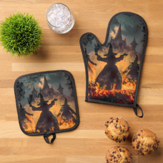 Hexenstundenritual – Feuertanz der drei Schwestern Ofenhandschuh & Topflappen-Set