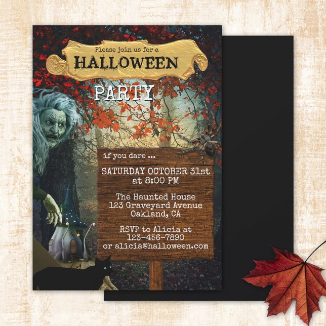 Hexenwald-Halloween-Party Einladung (Halloween party invitation featuring a dark forest scene with a witch, fairy home, cat and spider)