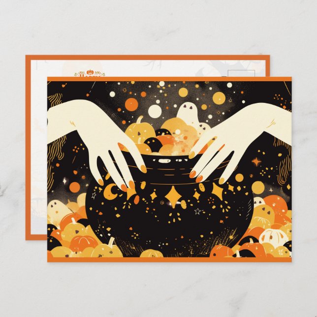 Hexenzauberei im Halloween-Kauldron Feiertagspostkarte (Vorne/Hinten)