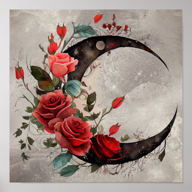 Hexerei | Crescent Moon mit gotischen Rote Rosen Poster (Vorne)