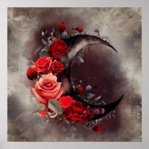 Hexerei   Crescent Moon mit gotischen Rote Rosen Poster