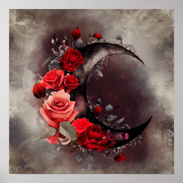 Hexerei | Crescent Moon mit gotischen Rote Rosen Poster (Vorne)