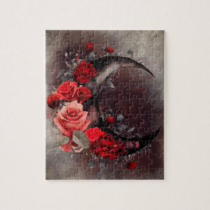 Hexerei   Crescent Moon mit gotischen Rote Rosen Puzzle