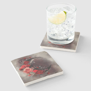 Hexerei   Crescent Moon mit gotischen Rote Rosen Steinuntersetzer