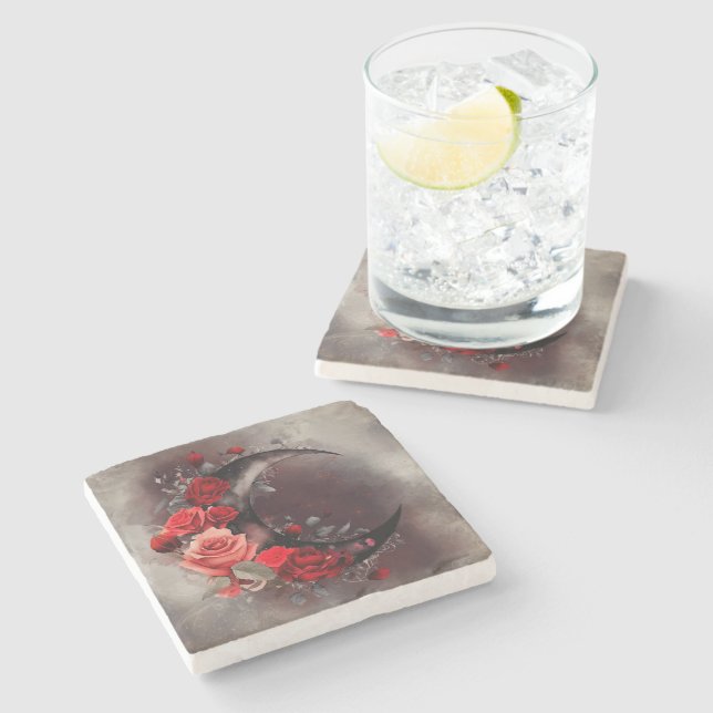 Hexerei | Crescent Moon mit gotischen Rote Rosen Steinuntersetzer (Seitenansicht)