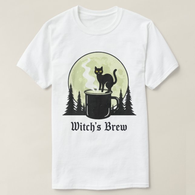 Hexe's Brew Black Cat Coffee Moon Design T-Shirt (Design vorne)