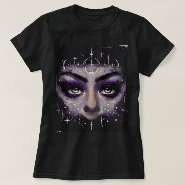 Hexliche kosmische Augen - Lila mystisches Gesicht T-Shirt (Design vorne)