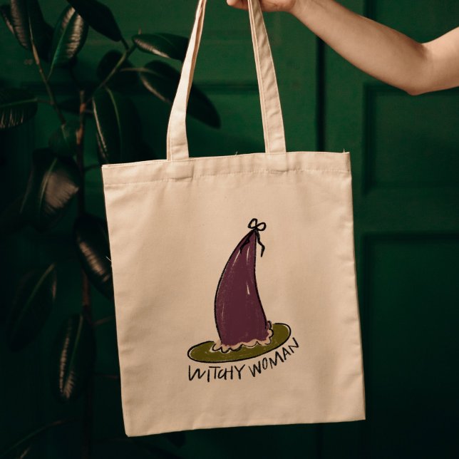 Hexy Woman Illustriert Lila Hexenhut Tragetasche (Witchy Woman Illustrated Purple Witch Hat Tote Bag)