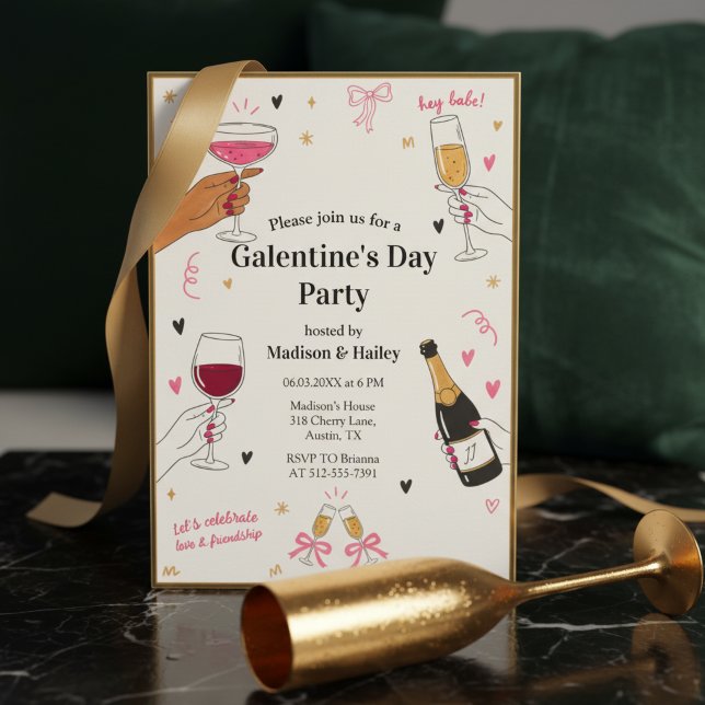 Hey Babe Galentines Invitation Gold Frame Einladung (A trendy Galentine's Day invitation with gold frame border)