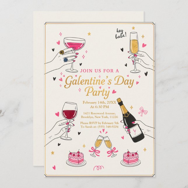 Hey Babe Galentines Party Wine Cake Einladung (Vorne/Hinten)