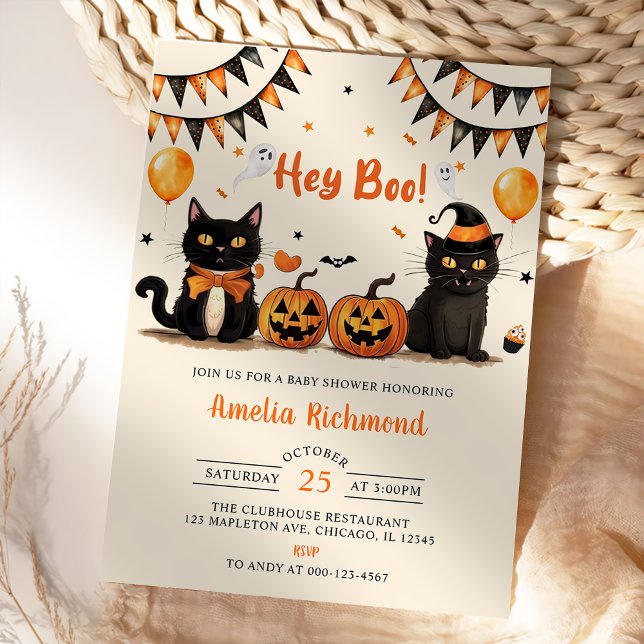 Hey Boo! Black Cat Halloween Kinderdusche Einladung (Von Creator hochgeladen)