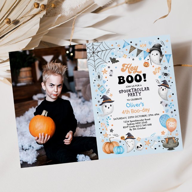 Hey Boo! Blue Halloween Ghost Boy Birthday Einladung (Von Creator hochgeladen)