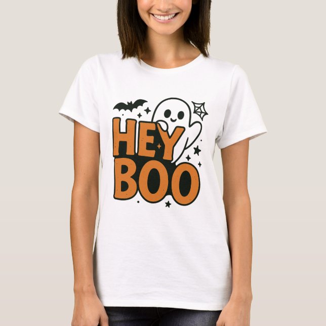 Hey Boo | Funny Orange & Black Ghost Frauenhaus T-Shirt (Vorderseite)