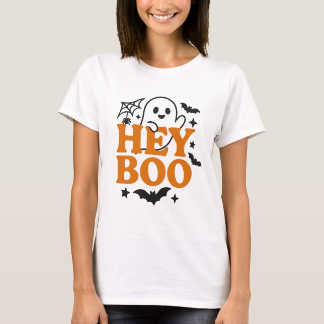 Hey Boo | Funny Orange & Black Ghost Frauenhaus T-Shirt (Vorderseite)