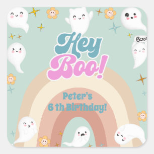 Hey Boo goovy halloween Retro-Kindergeburtstag Quadratischer Aufkleber