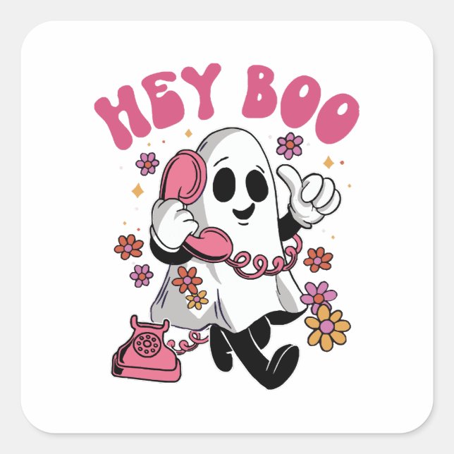 Hey Boo - Groovy Ghost Halloween Quadratischer Aufkleber (Vorderseite)