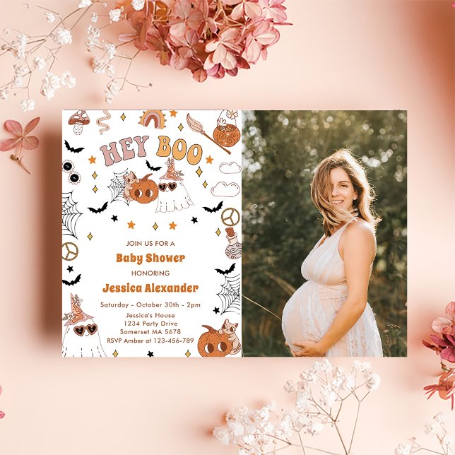 Hey Boo Groovy Halloween Niedlich Ghost Baby Showe Einladung (Von Creator hochgeladen)