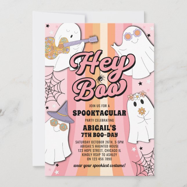 Hey Boo Groovy Retro Pink Halloween Mädchen Geburt Einladung (Vorderseite)