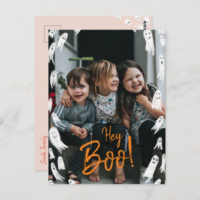 Hey Boo Halloween Ghost Foto-Karte Postkarte (Vorne/Hinten)