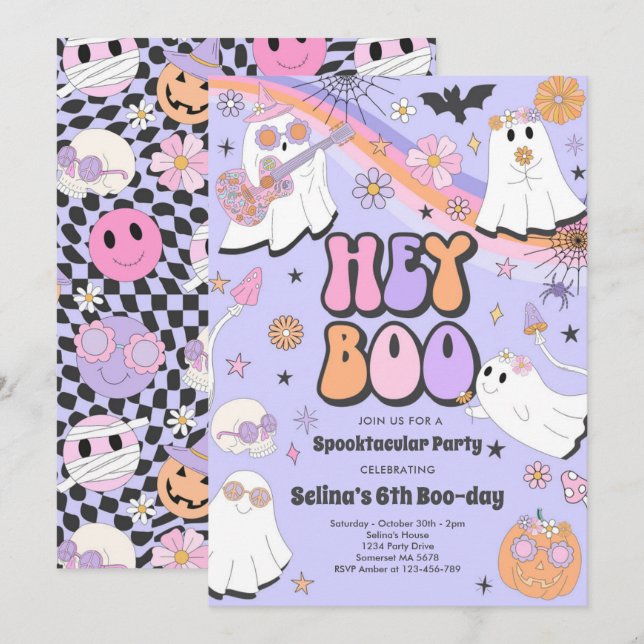 Hey Boo Halloween Groovy Niedlich Ghost Geburtstag Einladung (Vorne/Hinten)