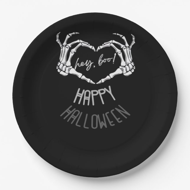 Hey, Boo! Happy Halloween Skeleton Hand Heart Clas Pappteller (Vorderseite)