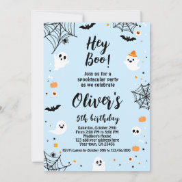 Hey Boo, invitación de Halloween azul con foto Einladung