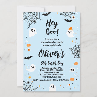 Hey Boo, invitación de Halloween azul con foto Einladung