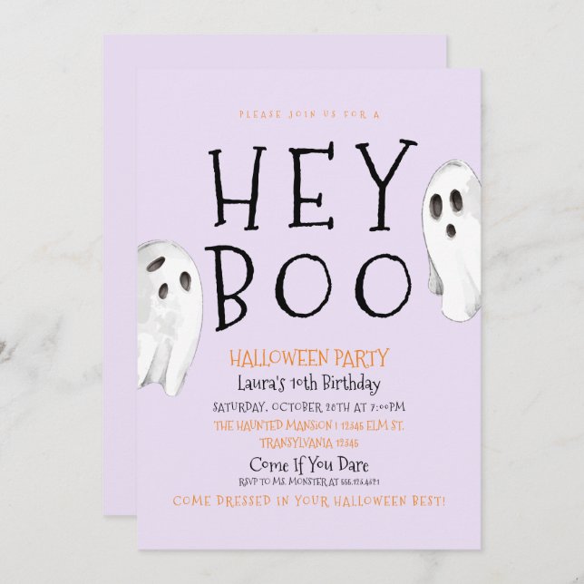 Hey Boo, Lila Ghost Halloween Einladung (Vorne/Hinten)