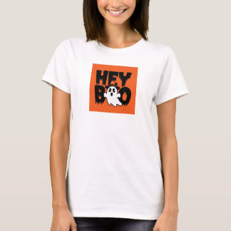 Hey Boo Orange Black Funny Halloween Ghost Womens T-Shirt