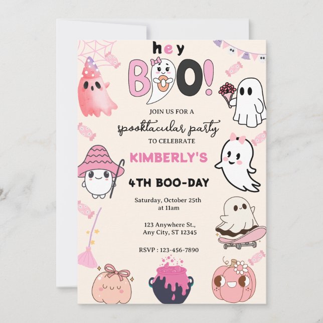 Hey Boo Pink Ghost Halloween Geburtstag Einladung (Vorderseite)