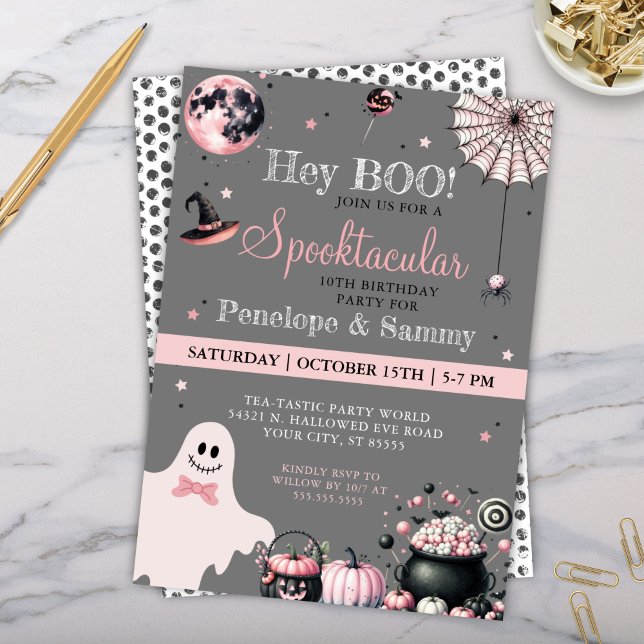 Hey Boo Pink Gray Girly Halloween Party Einladung (Spooktacular Halloween Birthday Party Costume Trick or Treat any Party Invitations for Girls)